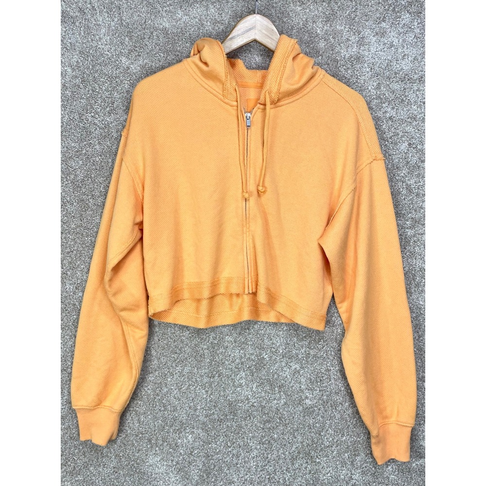 Aerie Oversized Full Zip Cropped Hoodie Women XS Orange Textured Waffle Knit Y2K